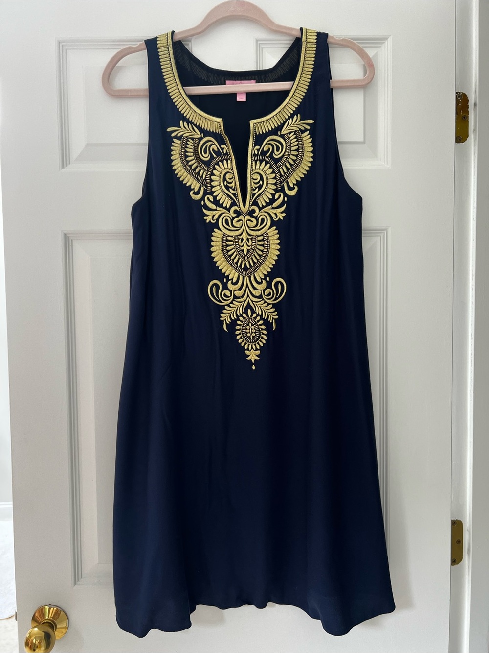 New Lilly Pulitzer Navy Dress with Gold Embroidered Trim XL - Picture 2 of 6